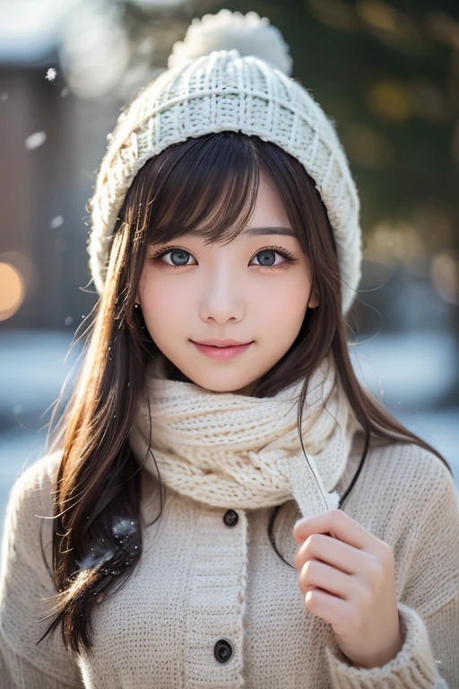 one girl, (a beauty girl, delicate girl:1.3), (22 years old:1.3),
break, (scarf, Knitted hat:1.3),
break, Definition of very fine particles, (Symmetrical eyes:1.3),
break, (Snow Scene:1.3),illumination、
break, Small breasts, Parted bangs, Brown Hair,  girl,
break, (Eye and facial details:1.0),
break, (masterpiece, highest quality, Very detailed, Detailed face, 8k)、smile:1.1、Drooping eyes、