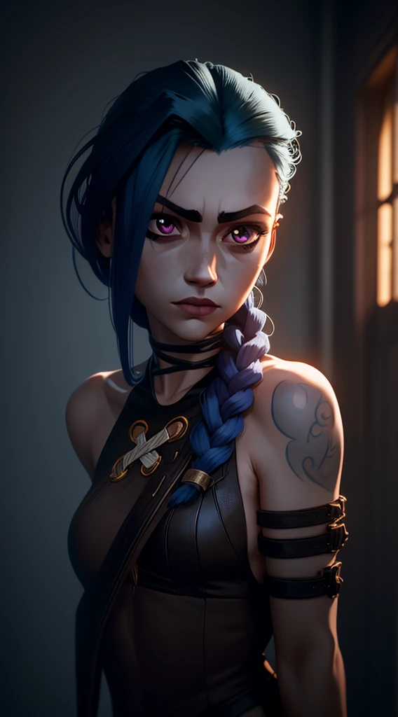 (masterpiece, best quality), 1girl, beautiful face, makima, braid, braided ponytail, necktie ,red purple eyes, Jinx weint vor der Kamera, Blaue Wolke Tattoo, (Meisterwerk, best quality), Seitliche Beleuchtung, beautiful detailed eyes, sad face), (best quality), (Meisterwerk), Magische Fotografie, Dramatische Beleuchtung, Fotorealismus, Ultra-detailliert, intimate portrait composition, Leica 50mm, Formel 1. 4,8K UHD, DSLR, aesthetic, 64 Tsd., hight resolution, 8K, Beste Ausleuchtung, Bester Schatten, Ultra-HD, hight resolution, Scharfer Fokus, Komplizierter Hintergrund, Filmische Beleuchtung, ((Landschaftsansicht)), 4K-Einheit, (Beste Ausleuchtung), ((Filmische Beleuchtung)),