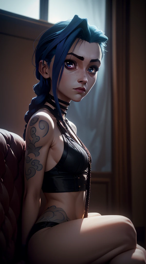 (masterpiece, best quality), 1girl, beautiful face, makima, braid, braided ponytail, necktie ,red purple eyes, Jinx weint vor der Kamera, Blaue Wolke Tattoo, (Meisterwerk, best quality), Seitliche Beleuchtung, beautiful detailed eyes, sad face), (best quality), (Meisterwerk), Magische Fotografie, Dramatische Beleuchtung, Fotorealismus, Ultra-detailliert, intimate portrait composition, Leica 50mm, Formel 1. 4,8K UHD, DSLR, aesthetic, 64 Tsd., hight resolution, 8K, Beste Ausleuchtung, Bester Schatten, Ultra-HD, hight resolution, Scharfer Fokus, Komplizierter Hintergrund, Filmische Beleuchtung, ((Landschaftsansicht)), 4K-Einheit, (Beste Ausleuchtung), ((Filmische Beleuchtung)),