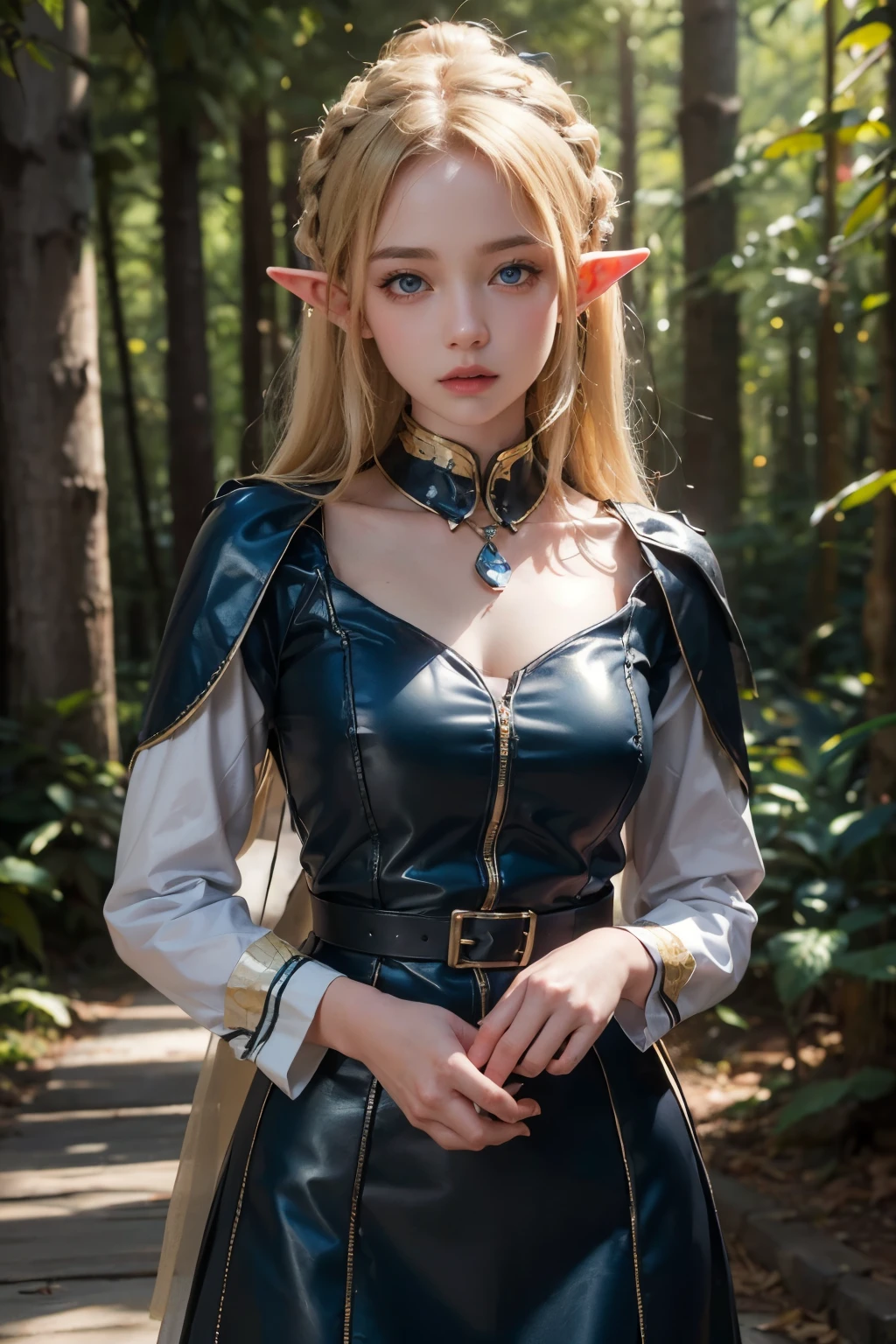 Elf,(8k, RAW Photos, highest quality, masterpiece:1.2),Super detailed,blonde,blue eyes,RPG,princess,battledress,moving,in forest