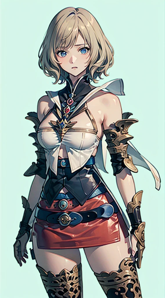 S-curve,s line,(cowboy shot,masutepiece, of the highest quality, Best Quality, Official art, Beautiful and aesthetic:1.2), ighly detailed, Colorful,highest details,Illustrations,Everyday scenery, 1girl in, Solo, (large boob,Final Fantasy 12,Ashelia, shorth hair,short-hair ,Ashelia Costume,Red mini skirt, thighs thighs thighs thighs, Knee socks that cover up to the shin,jewely, Blue belt,Number on one of the belts), is standing, move chart,Medieval fantasy