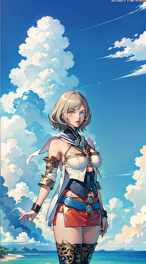 S-curve,s line,(cowboy shot,masutepiece, of the highest quality, Best Quality, Official art, Beautiful and aesthetic:1.2), ighly detailed, Colorful,highest details,Illustrations,Everyday scenery, 1girl in, Solo, (large boob,Final Fantasy 12,Ashelia, shorth hair,short-hair ,Ashelia Costume,Red mini skirt, thighs thighs thighs thighs, Knee socks that cover up to the shin,jewely, Blue belt,Number on one of the belts), is standing, move chart,Medieval fantasy