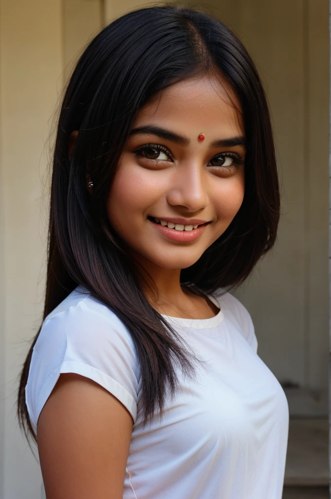 India girl circle face shape smile face little dark tone straight photo