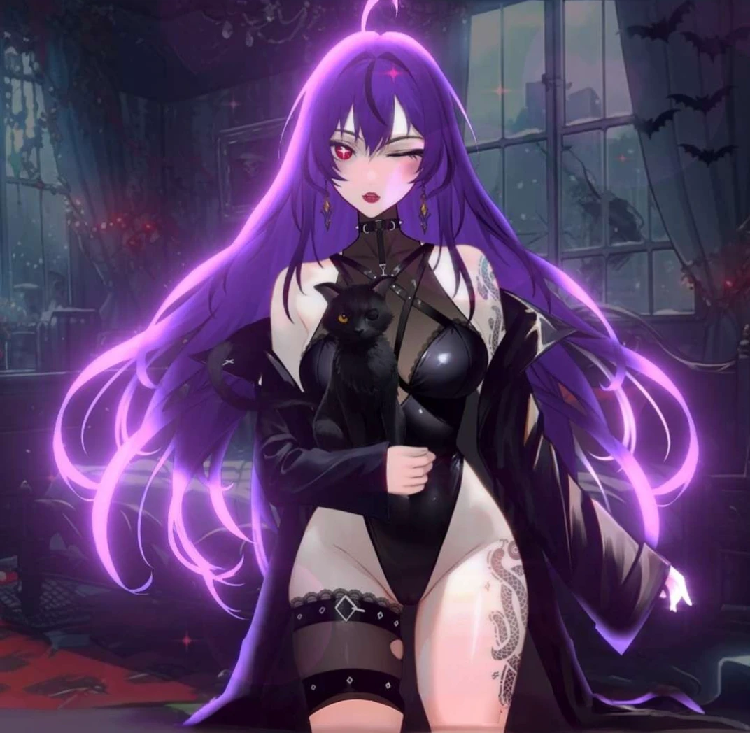 Anime dark matter woman. Long purple hair girl, half naked, Black tentacles wrapped around, covering big breast, woman sitting on black ball, long dark black tentacles come out of dark ball, purple mist auras around woman, lewd face. Black slime splashed around woman body, black slime dripping upward.