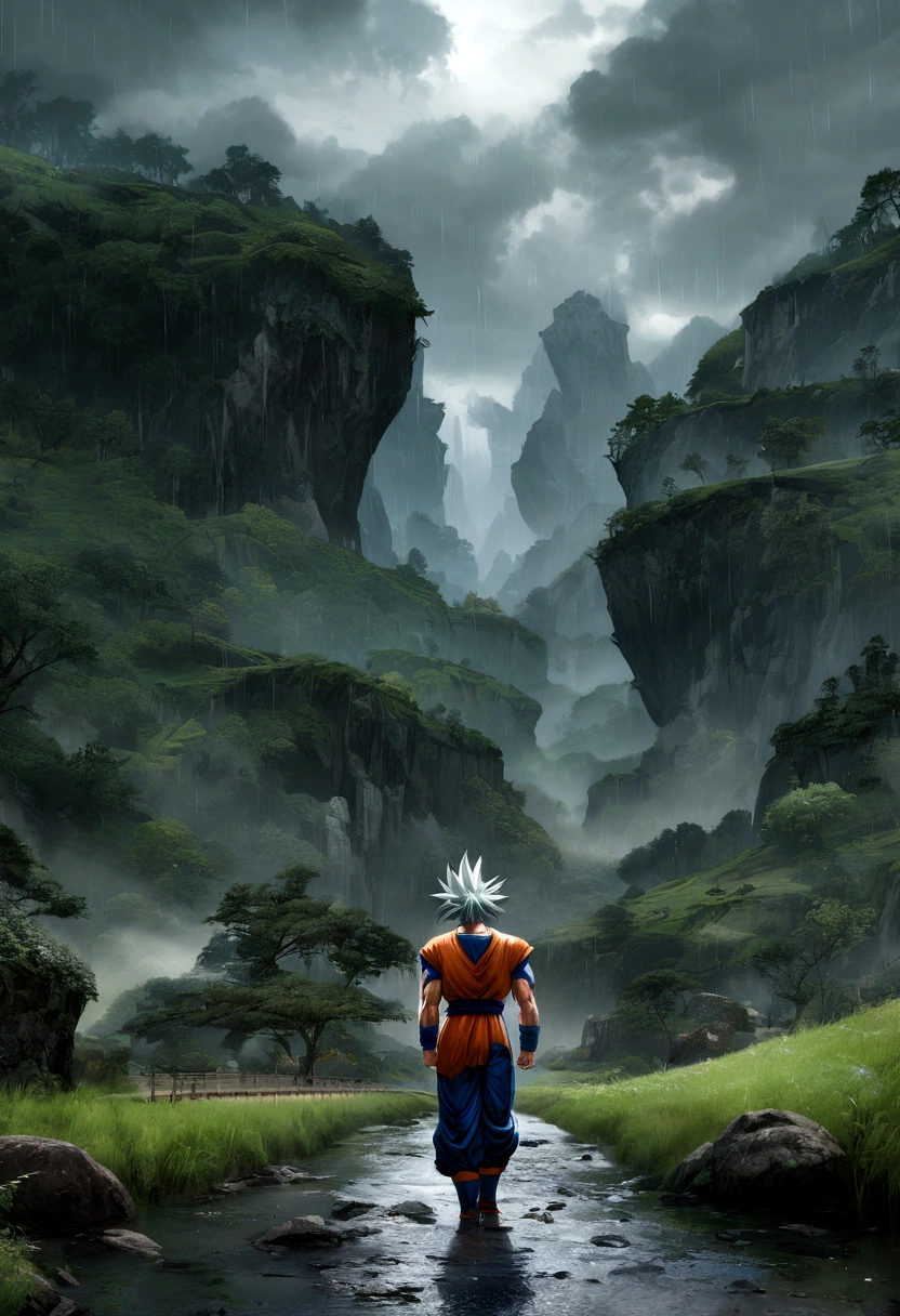 Create a beautiful image of Goku from Dragon Ball Super in his Mastered Ultra Instinct (MUI) form, walking in a valley on a bridge during a rainy day. The scene should be both realistic and picturesque.
