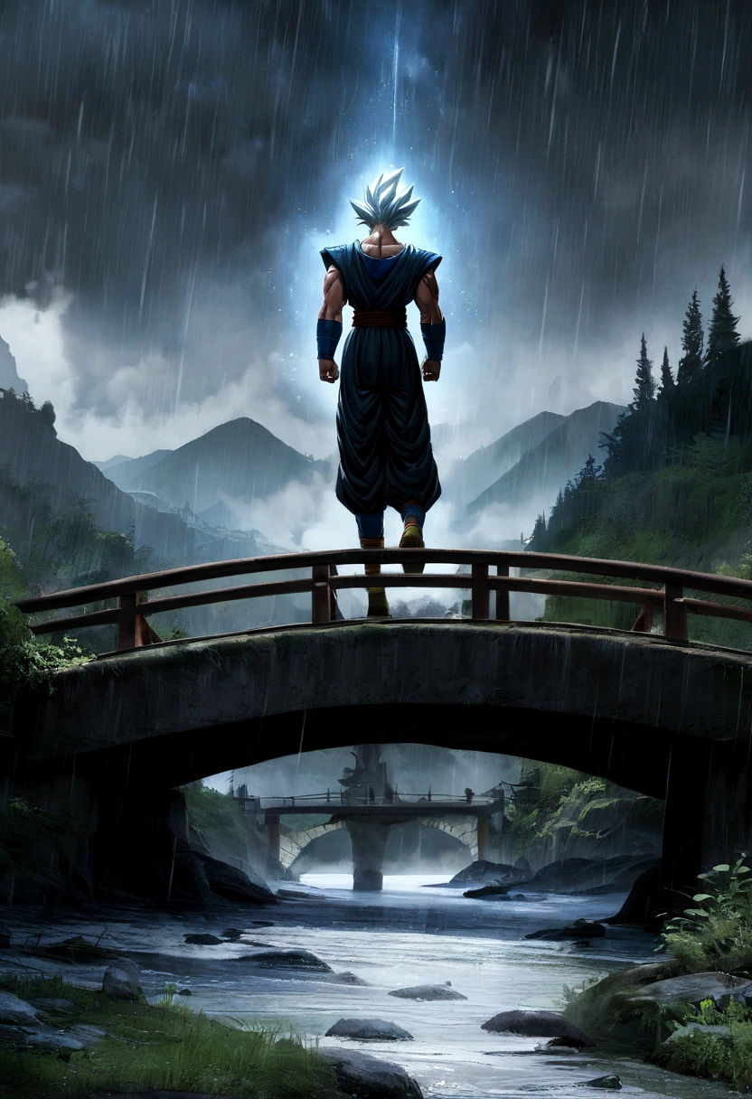 Create a beautiful image of Goku from Dragon Ball Super in his Mastered Ultra Instinct (MUI) form, walking in a valley on a bridge during a rainy day. The scene should be both realistic and picturesque.
