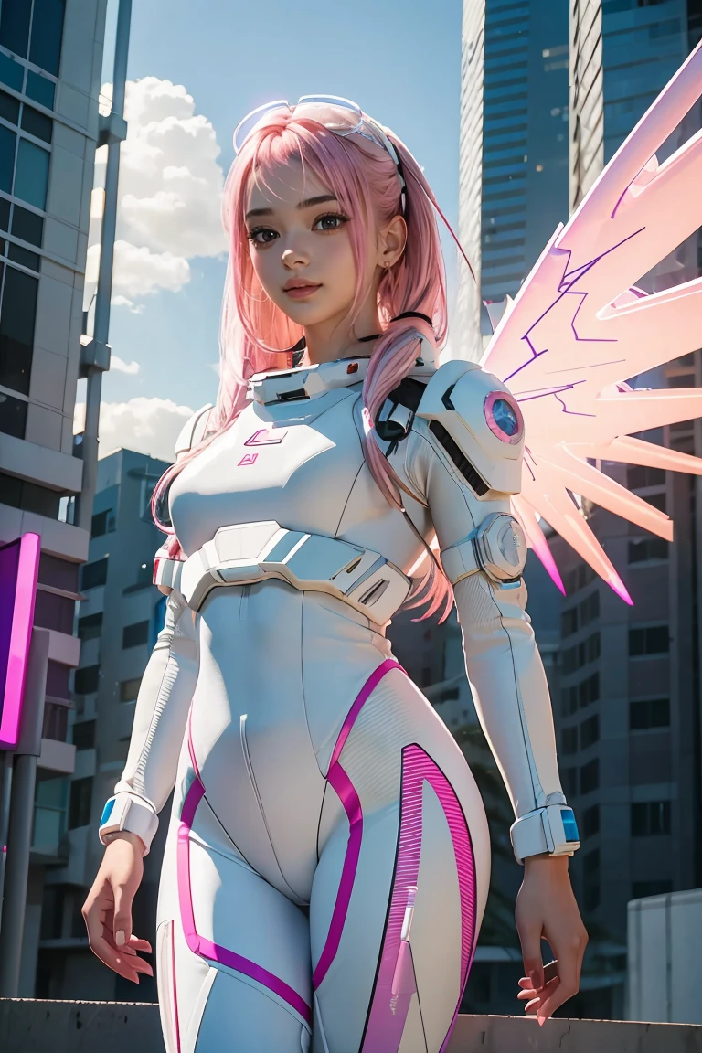 ((masterpiece, best quality, extremely detailed), volumetric lighting, ambient occlusion, colorful, glowing), 
1girl, solo, young girl, (pink hair), long hair, halo, aura, sacred, godness, cyber suit, (white outfit:1.3), android, bot, angel wings,
outdoors, sunset, sky, clouds, space, (cyberpunk theme:1.2),