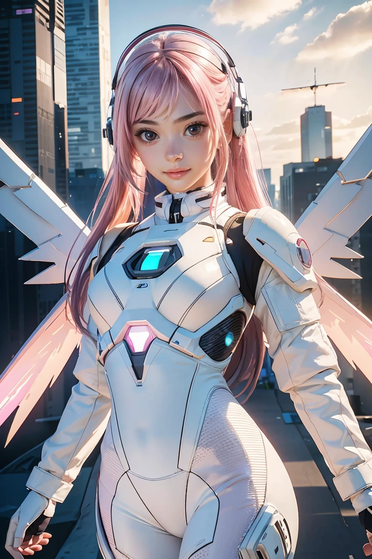 ((masterpiece, best quality, extremely detailed), volumetric lighting, ambient occlusion, colorful, glowing), 
1girl, solo, young girl, (pink hair), long hair, halo, aura, sacred, godness, cyber suit, (white outfit:1.3), android, bot, angel wings,
outdoors, sunset, sky, clouds, space, (cyberpunk theme:1.2),