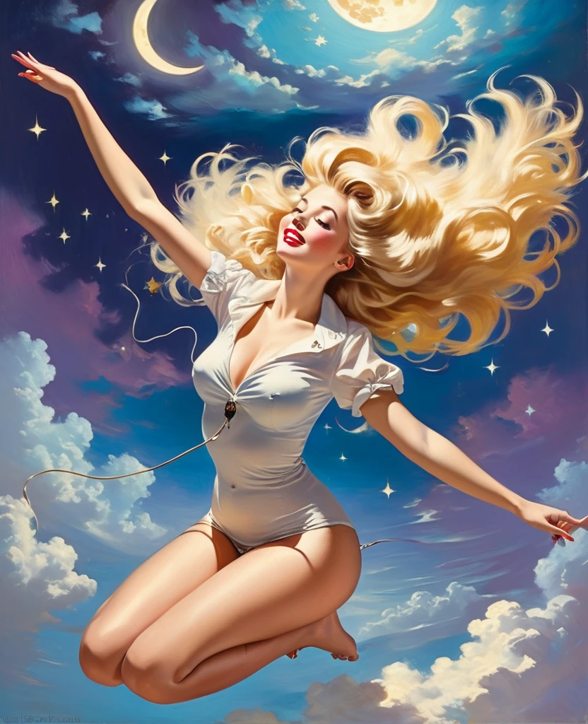 A Gil Elvgren pin-up style painting of a beautiful blonde woman with big messy hair, floating in the clouds gracefully, wearing headphones, with moon light, twinkling stars and stardust, vibrant and colorful, full body shot
