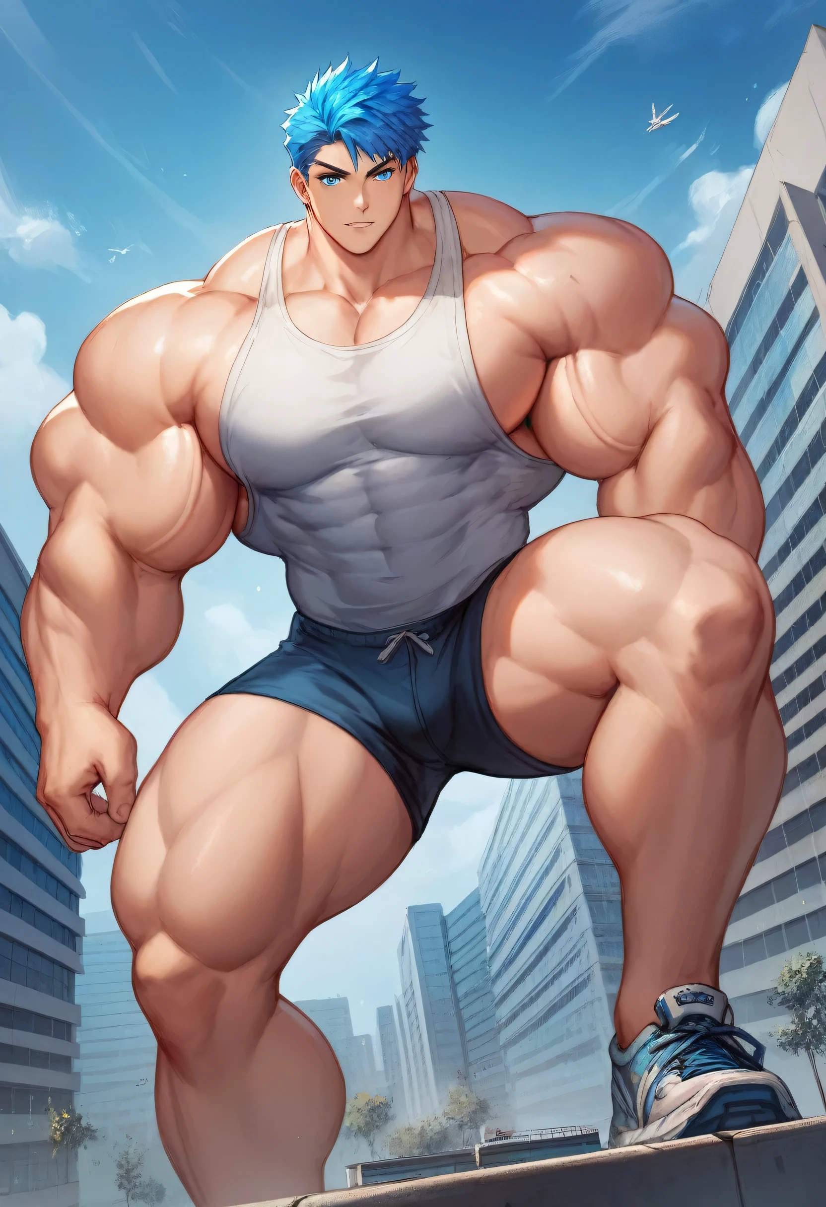  Giant,Macho,Reaching the sky,Growing Body even after climbing mountains,Growing Body,Enlarging muscles,Big shoulders,long thighs,Longer knee length,Legs thicker than a building,Thickening upper arms,Thickening lower arms,Thickening thighs,Thickening calves,The building looks small,Larger upper body,Growing lower body,Legs longer than a building,Blue Hair,Blue Eyes,juvenile,Anime illustration,