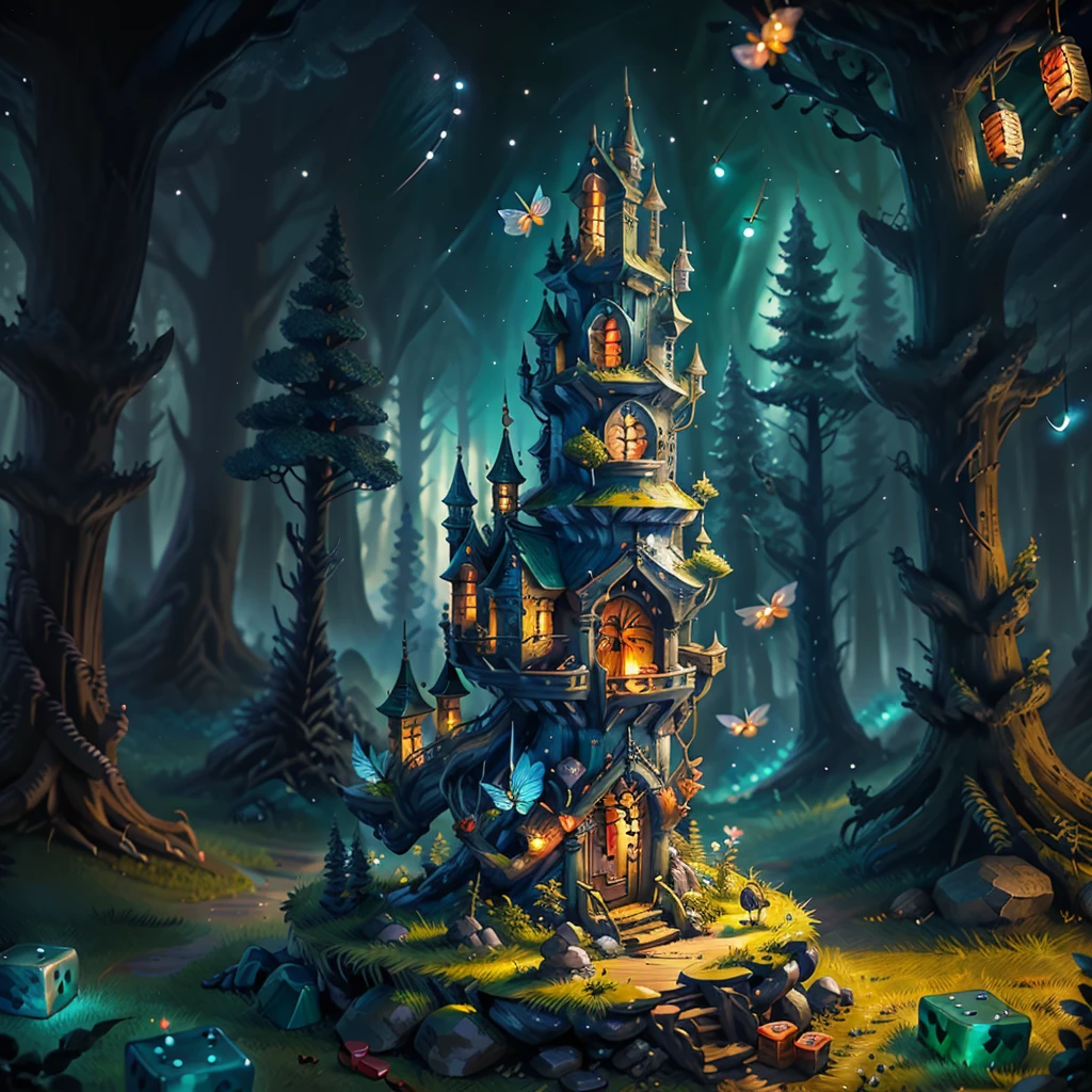 most beautiful dice tower, made of stones and wood, dice tower design, cute miniature style, (forest fireflies fantasy fairy house), (midnight), (Irregular), (mysterious), dreamy, disney, vector, ultra detailed, extremely realistic, dungeons and dragons, OverallDetailXL