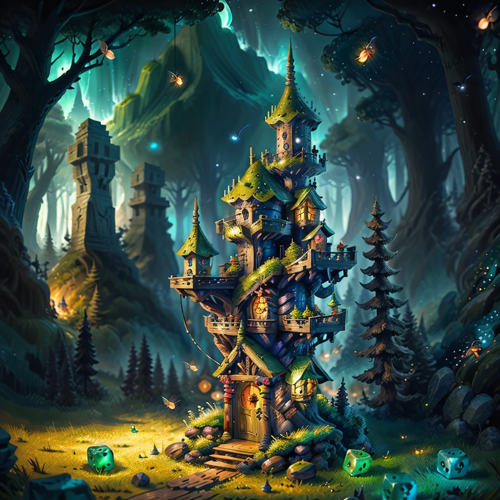 most beautiful dice tower, made of stones and wood, dice tower design, cute miniature style, (forest fireflies fantasy fairy house), (midnight), (Irregular), (mysterious), dreamy, disney, vector, ultra detailed, extremely realistic, dungeons and dragons, OverallDetailXL