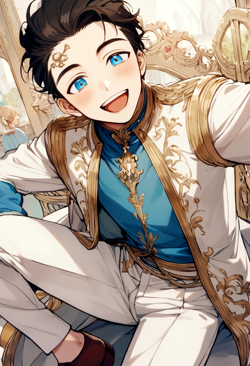 cool and funny boy with short black hair, blue eyes, blue shirt, white pants, white headband on his forehead, brown shoes, happy