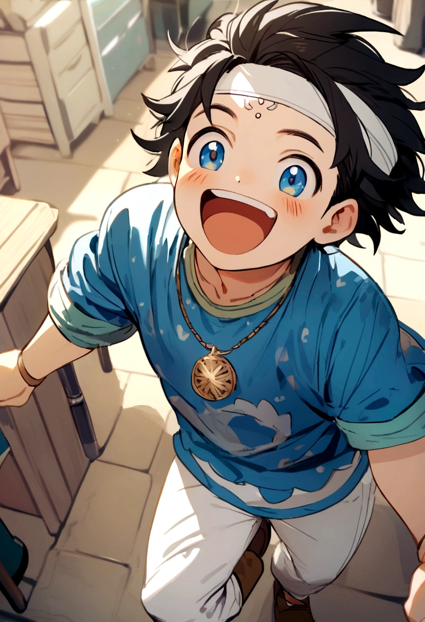 cool and funny boy with short black hair, blue eyes, blue shirt, white pants, white headband on his forehead, brown shoes, happy