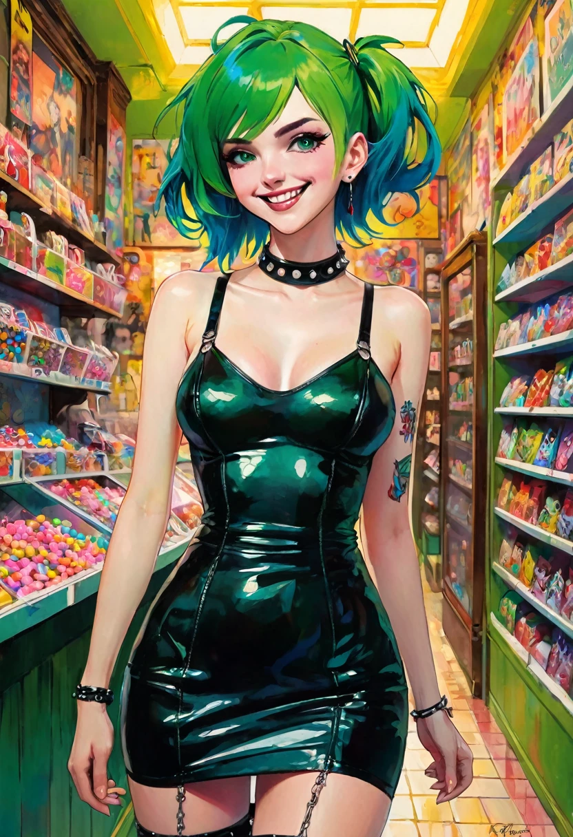 masterpiece, best quality, a girl with green hair in the middle of a small candy store, sexy and naughty smile, punk look, tight leather dress, pronounced nipples, perfect ass, lewd, anime, high quality , simple oil painting in the style of Bill Sienkiewicz