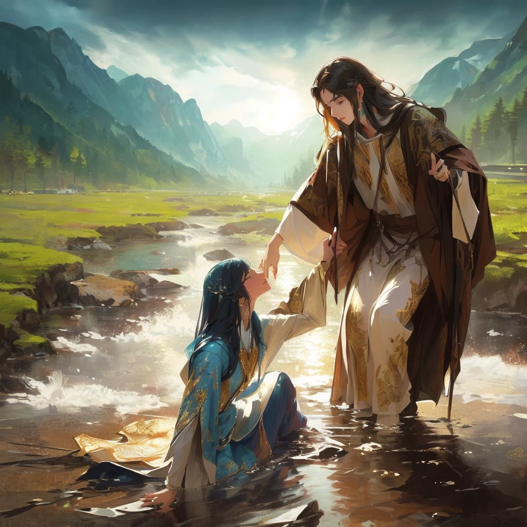 Jesus washes a woman in a river with a mountain in the background, most beautiful picture of all time, beautiful illustration, Crossing the river, Jesus walks on water, very nice photo, greg olsen, absolut herausragendes Bild, inspired von Mark Keathley, von Mark Keathley, Bibel-Illustration, Jesus umarmt eine Frau, erstaunliche Tiefe, very beautiful masterpiece, unglaubliche Kunst
