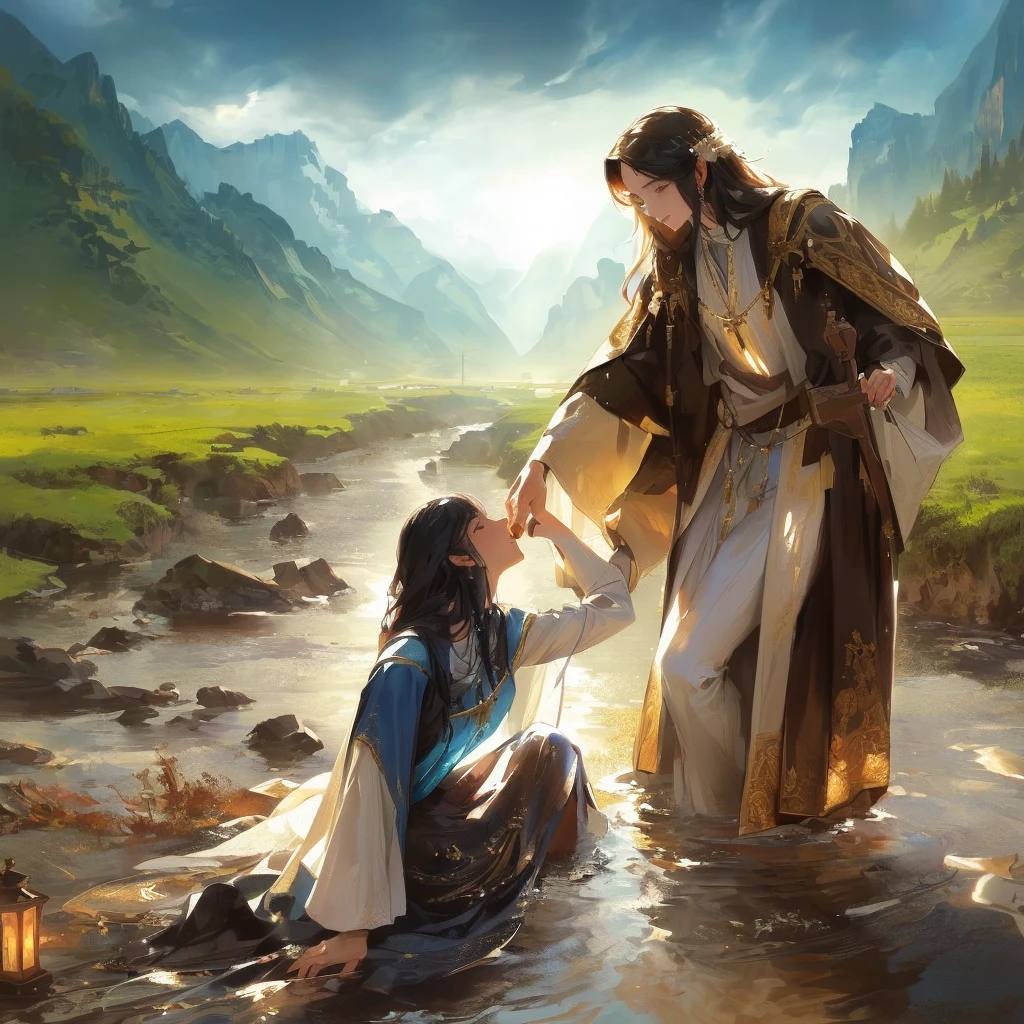 Jesus washes a woman in a river with a mountain in the background, most beautiful picture of all time, beautiful illustration, Crossing the river, Jesus walks on water, very nice photo, greg olsen, absolut herausragendes Bild, inspired von Mark Keathley, von Mark Keathley, Bibel-Illustration, Jesus umarmt eine Frau, erstaunliche Tiefe, very beautiful masterpiece, unglaubliche Kunst