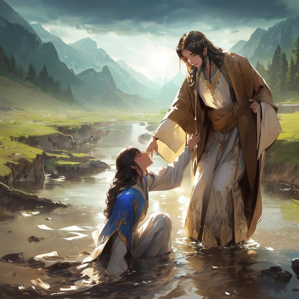 Jesus washes a woman in a river with a mountain in the background, most beautiful picture of all time, beautiful illustration, Crossing the river, Jesus walks on water, very nice photo, greg olsen, absolut herausragendes Bild, inspired von Mark Keathley, von Mark Keathley, Bibel-Illustration, Jesus umarmt eine Frau, erstaunliche Tiefe, very beautiful masterpiece, unglaubliche Kunst