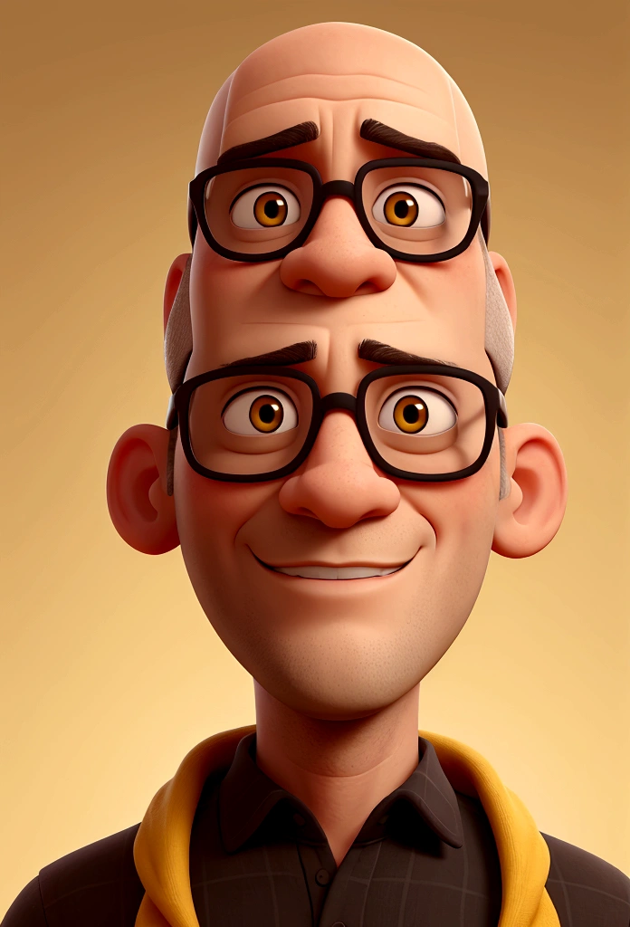 bald man with black glasses, gray goatee, with a yellow background