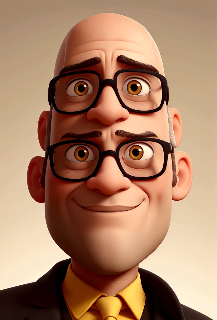 bald man with black glasses, gray goatee, with a yellow background