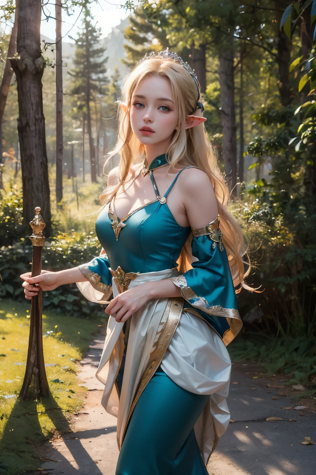 Elf,(8k, RAW Photos, highest quality, masterpiece:1.2),Super detailed,blonde,blue eyes,RPG,princess,battledress,moving,in forest