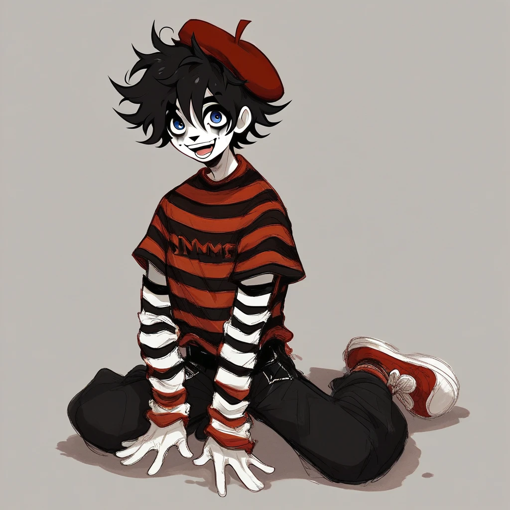 boy mime, shirt grunge, sketchy lines, messy hair, black hair, wearing a beret,happy, has mime makeup on, wearing a mime outfit, dark blue eyes, performing on the streets of paris, miming pulling a rope