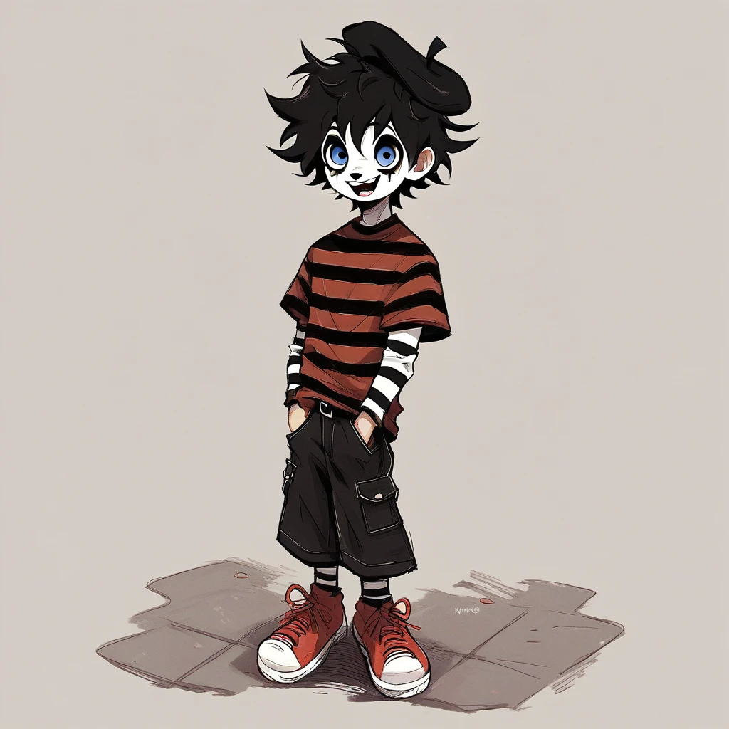 boy mime, shirt grunge, sketchy lines, messy hair, black hair, wearing a beret, score_8_up, score_9_up,happy, has mime makeup on, wearing a mime outfit, dark blue eyes, performing on the streets of paris, miming, showing full body, on a city street