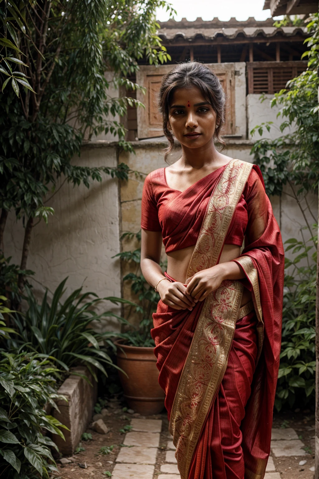 a beautiful girl in red sari outside her house in the garden 