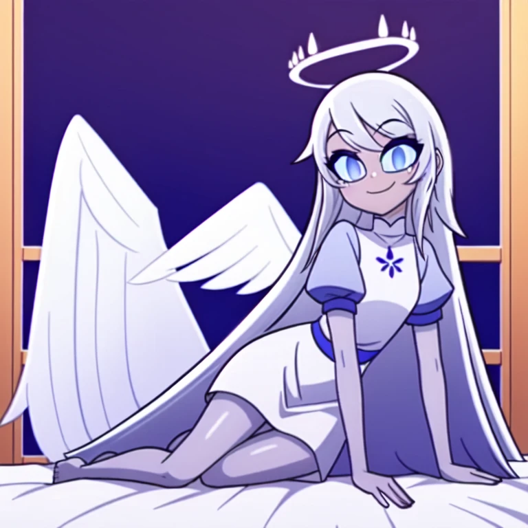 (bedroom:1.1, blue bed,  wooden shelves, wooden window to outside), looking at viewer, a girl, (laying on bed, legs), angel, angel wings, blue eyes, colored skin, Emily, grey skin:1.2, halo, light blue sclera, long hair, closed mouth, , smile, very long hair, white dress, white hair,  