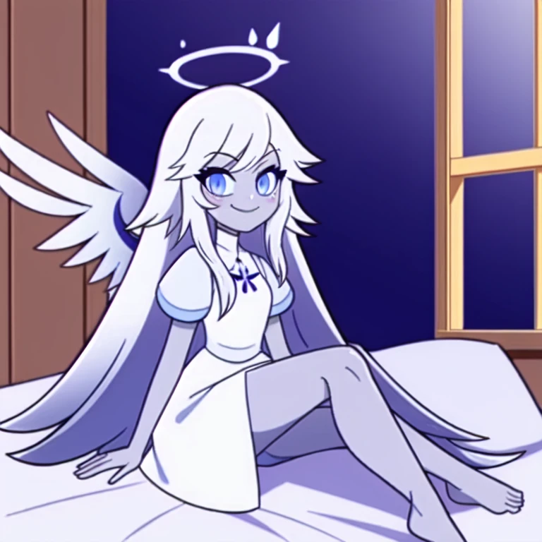 (bedroom:1.1, blue bed,  wooden shelves, wooden window to outside), looking at viewer, a girl, (laying on bed, legs), angel, angel wings, blue eyes, colored skin, Emily, grey skin:1.2, halo, light blue sclera, long hair, closed mouth, , smile, very long hair, white dress, white hair,  