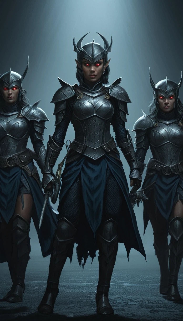 a group of female sailors tieflings with dark armours, illustrated movie poster, hand-drawn, full color, (best quality,4k,8k,highres,masterpiece:1.2),ultra-detailed,(realistic,photorealistic,photo-realistic:1.37),fantasy art, dark fantasy, dramatic lighting, highly detailed, striking poses, intricate armor and clothing, glowing eyes,atmospheric background, dramatic color palette