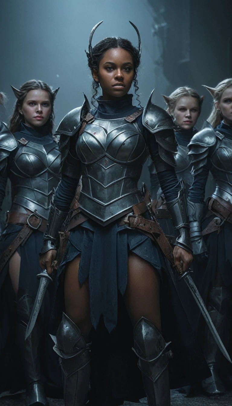 a group of female sailors tieflings with dark armours, illustrated movie poster, hand-drawn, full color, (best quality,4k,8k,highres,masterpiece:1.2),ultra-detailed,(realistic,photorealistic,photo-realistic:1.37),fantasy art, dark fantasy, dramatic lighting, highly detailed, striking poses, intricate armor and clothing, glowing eyes,atmospheric background, dramatic color palette