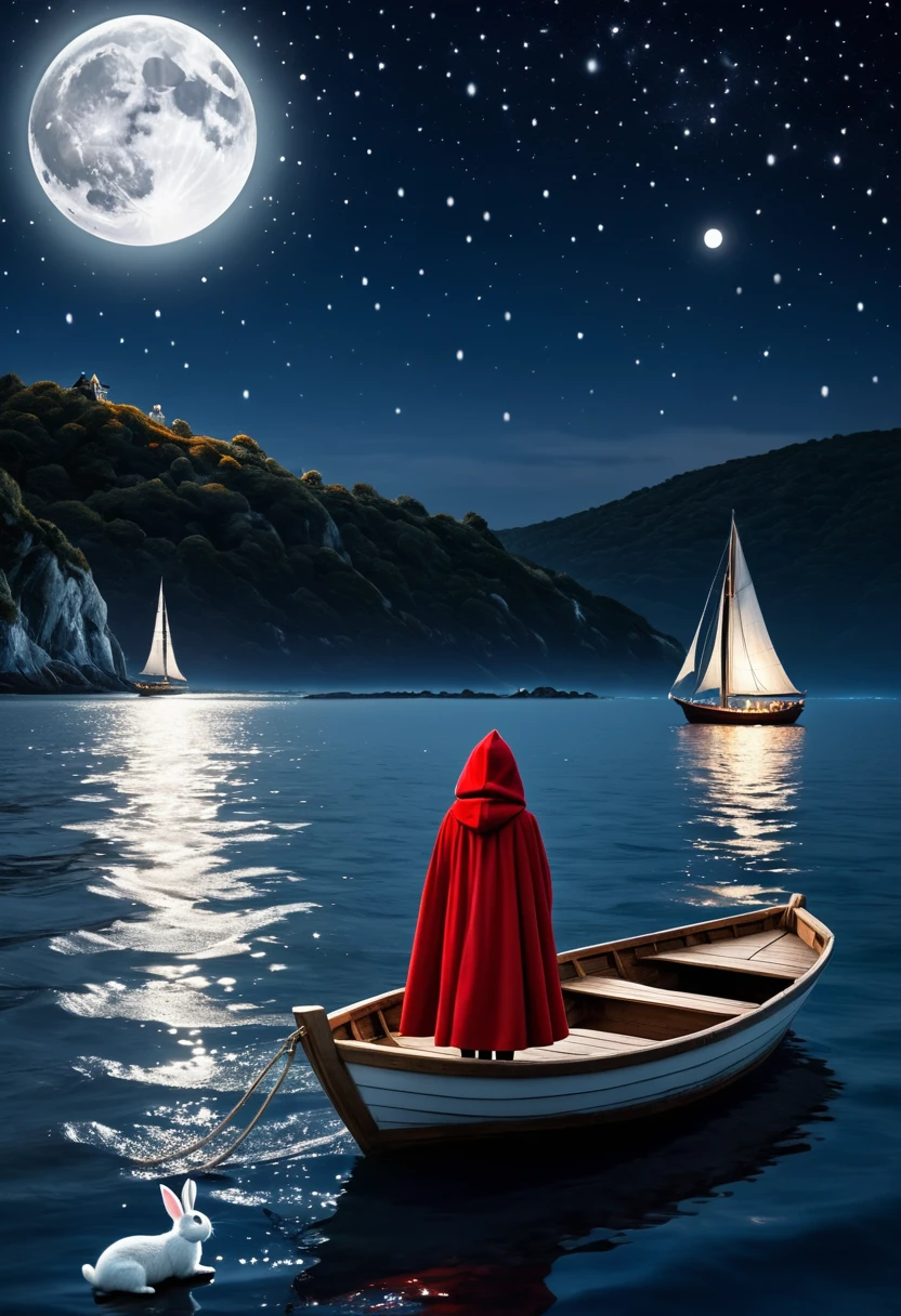 A girl in a red cloak, white rabbit, boat on starlit sea, full moon, night sky