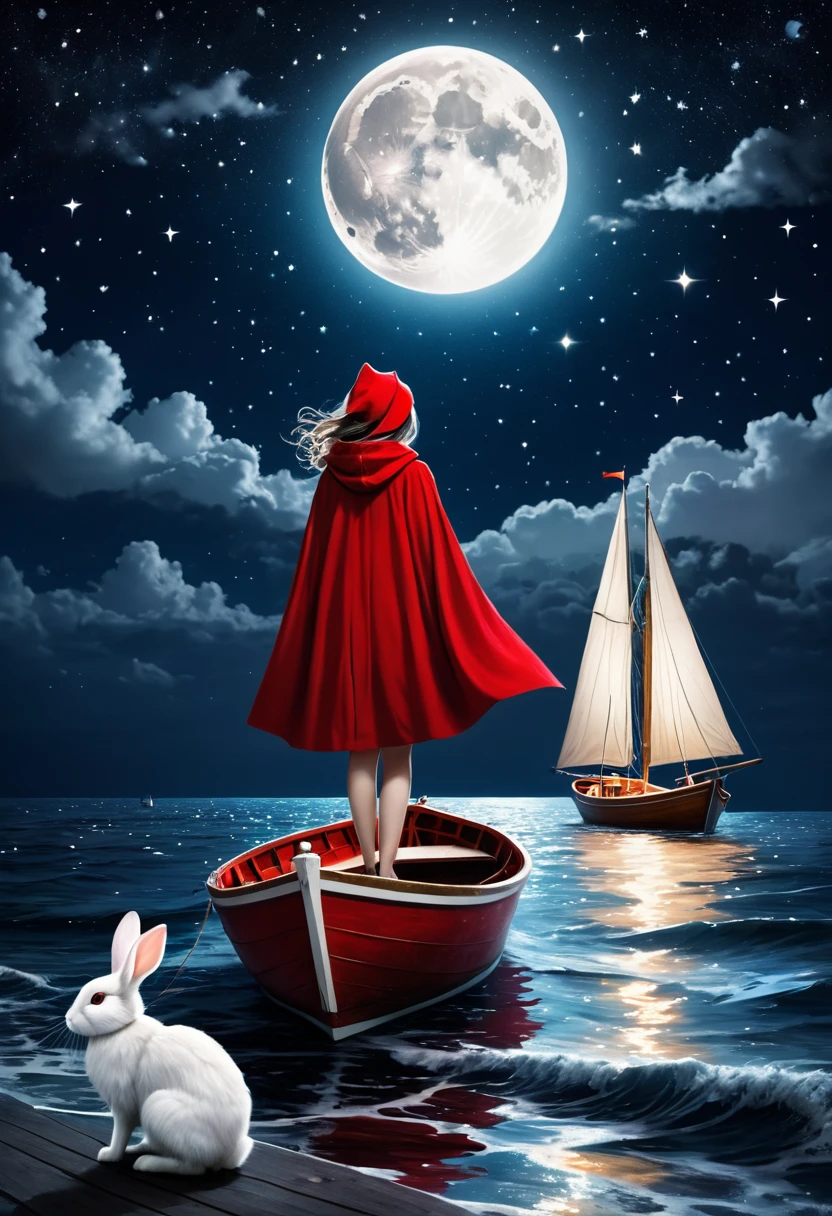 A girl in a red cloak, white rabbit, boat on starlit sea, full moon, night sky