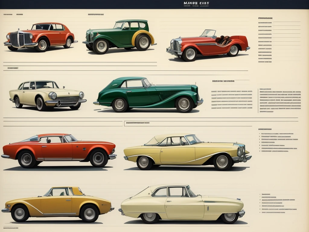 vintage car design sheet page scan, informative graphs, concept sheet illustration, make it on white sheet, minimalism