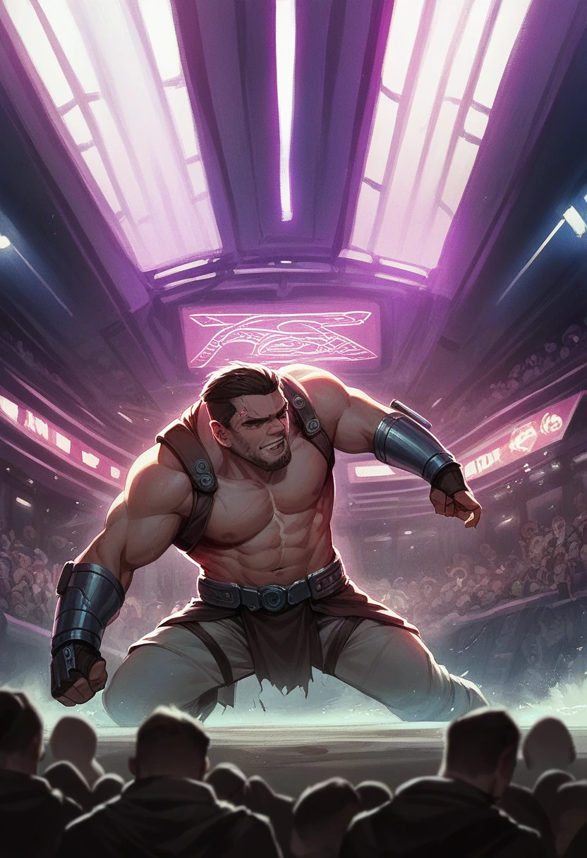 q futuristic gladiator, in a coliseum of battles, he is ready to fight. the environment is an futuristic cyberpunk coliseum, neon lights are into all recinto, the background is veri diffused because is far away of the subject. stock photo, photo realistic