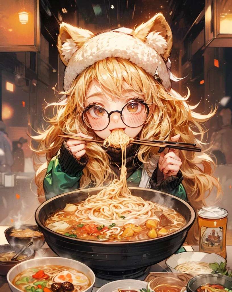 cute lion girl , glasses, Eating , Ramen, be happy, chopstick, excited, winter, winter hat and muffler , Hot spring restaurant , colorful, Manga style, Pen techniques, anime sketch style, The black line is very thick --Nichi 5