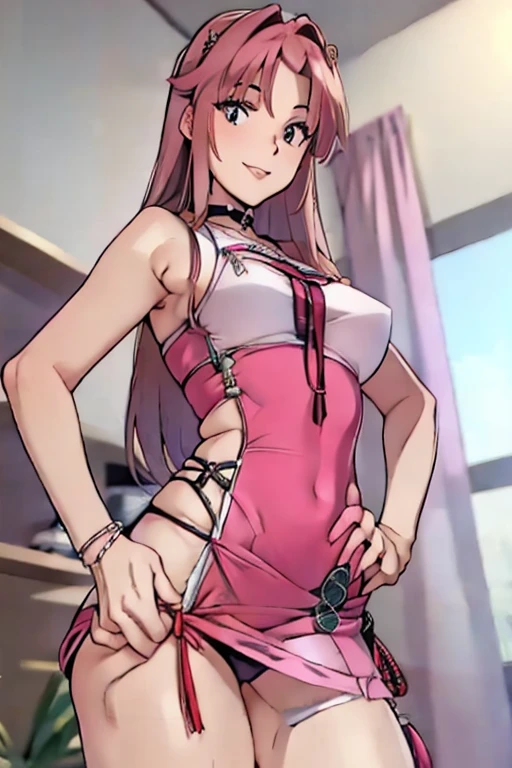 una hermosa mujer de piel rosa adolecente sexy con ropa intima extendiendo su mano hacia enfrente. ojos color rojo con su forma de corazones. y cabello largo de color verde claro. pechos grandes cadera media sonrisa perversa traviesa .