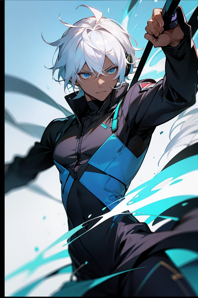  adult, Male, white hair, blue Eyes, African American Dark skin color, black jumpsuit, headphones, Trion Body, Armed.