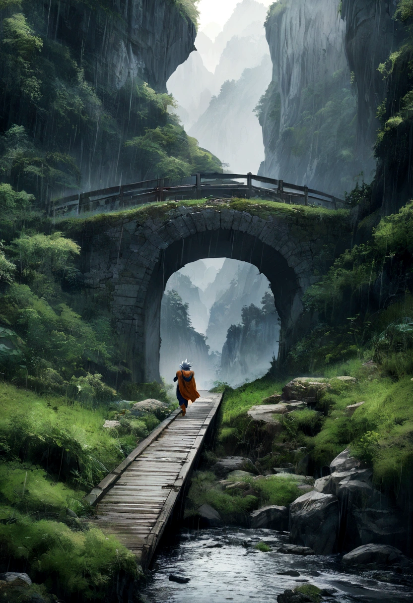 Create a beautiful image of Goku from Dragon Ball Super in his Mastered Ultra Instinct (MUI) form, walking in a valley on a bridge during a rainy day. The scene should be both realistic and picturesque.