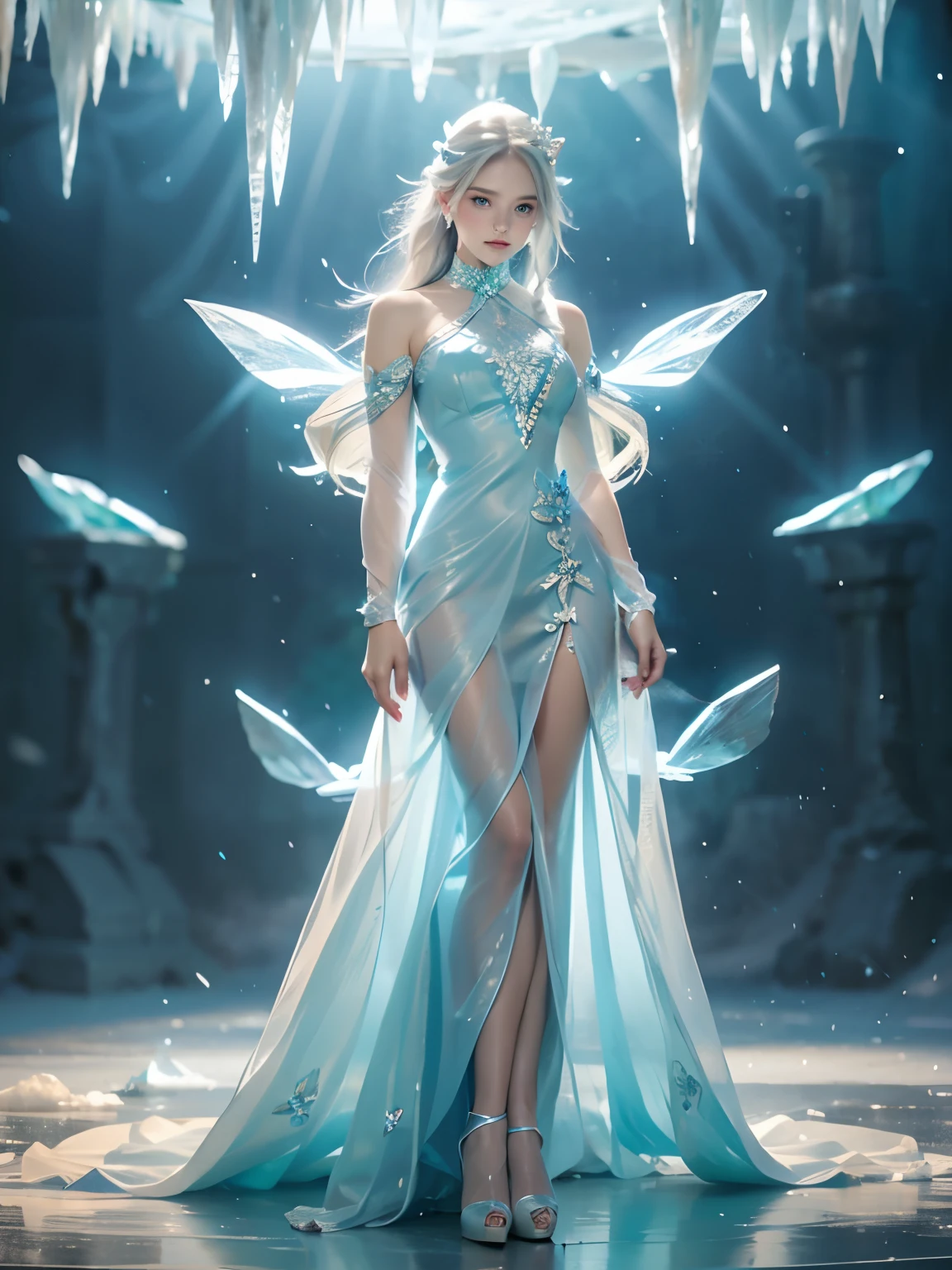 full body from legs to face , blue eyes, ultra detailed eyes, ultra detailed pretty face , light blue hair , blue and white clothes, realistic clothes, detail clothes ,full body image ,Frost Goddess,Frozen fluid ,Ice World,ice,Translucent clothing,blue nails,Positive, ice butterfly wings, crystal,dress,glowing ,long hair, medium breasts, ice castle background
