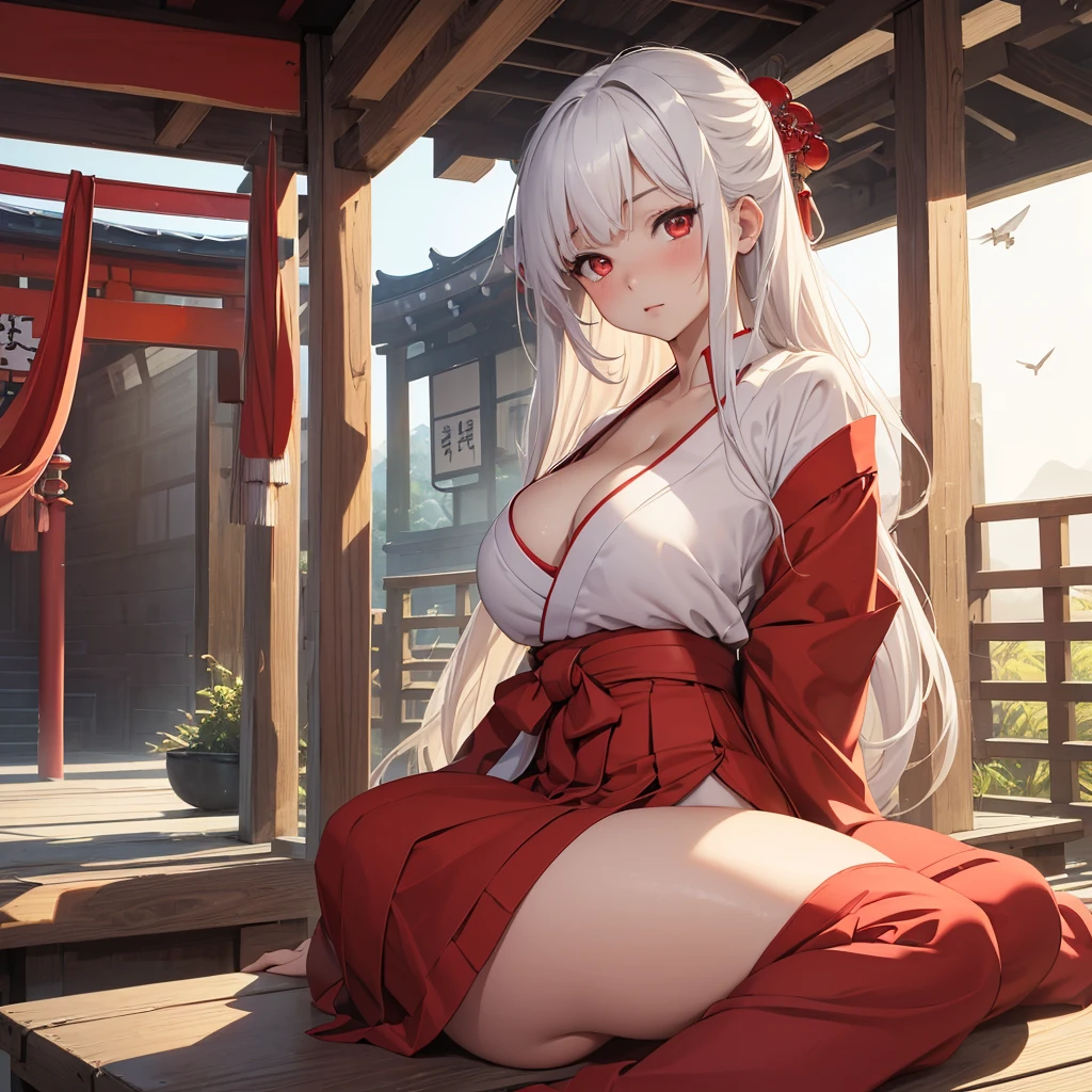 最high quality、best image quality、masterpiece、girl((20-year-old、sexy, By becomin, big bust,、thin,highest valley, japanese shrine maiden, white hair, red eyes, red hakama, sitting, cleavage, red panties, cameltoe)), high quality、beautiful art、background(classroom))、flight、debris flies、Depth of written boundary、movie、visual art、perfect art、8K,genuine、