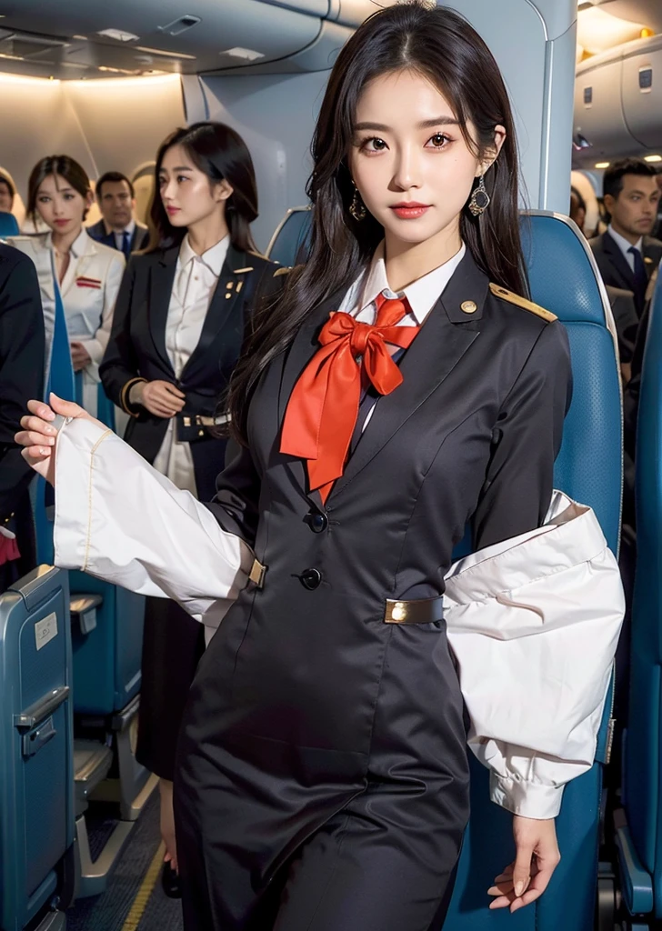 top-quality, masterpiece, 8K, 超A high resolution, (Photorealsitic:1.4), 1girl in、beautiful countenance、symmetrical eye、Colossal tits、Perfect body proportion、Stewardess uniform、frills skirt、Look at viewers、(Inside the plane:1.2)、front-facing view、Shoulder、Angle from below、View from below、Thigh emphasis、underwear,