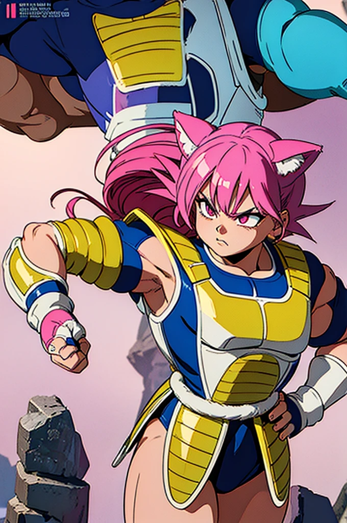 saiyan armor, dragon ball anime style character, akira toriyama art style, woman, pink hair, pink eyes, furious, fighting stance, abs, muscular female, biceps, female saiyan armor, thighs, original, (masterpiece), (illustration), (extremely fine and beautiful), perfect detailed, photorealistic, (beautiful and clear background:1.25), (depth of field:0.7), (1 cute girl with (cat ear and cat tail:1.2) stands in the garden:1.1), (cute:1.35), (detailed beautiful eyes:1.3), (beautiful face:1.3)
