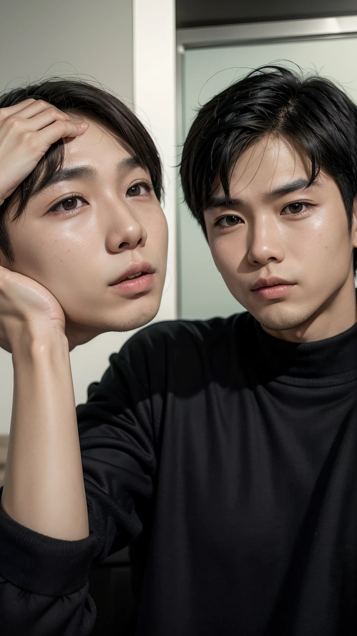 an Asian boy with his face in half