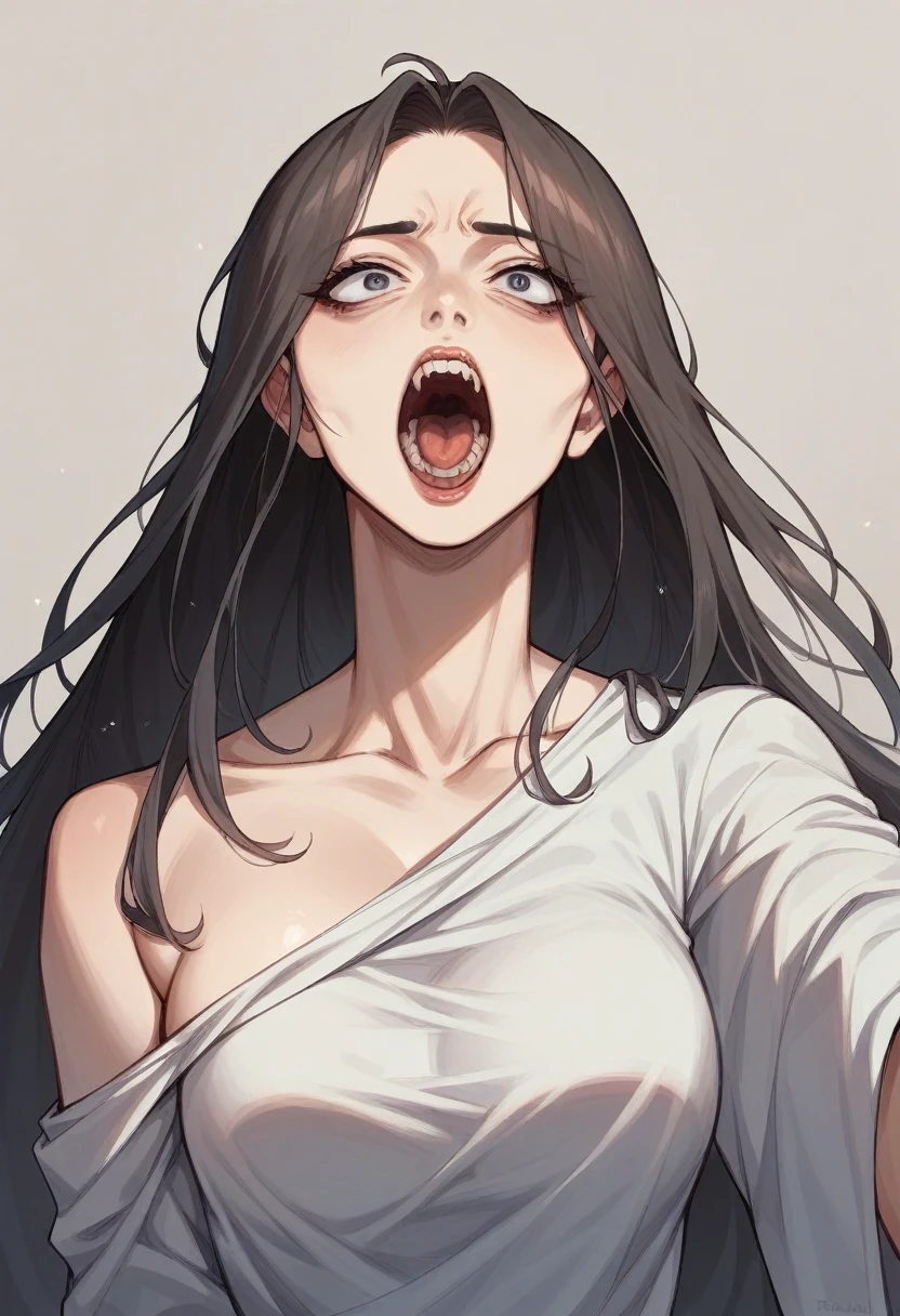 Cold Stare。Beautiful Western Woman。 Tabletop。 One shoulder is forward。 Angle view。 Screaming mouth。 sexy。 Oblique angle。Realistic。 The shading is solid。 Carly。Long Hair。Realistic。Cigarette in hand。 very beautiful