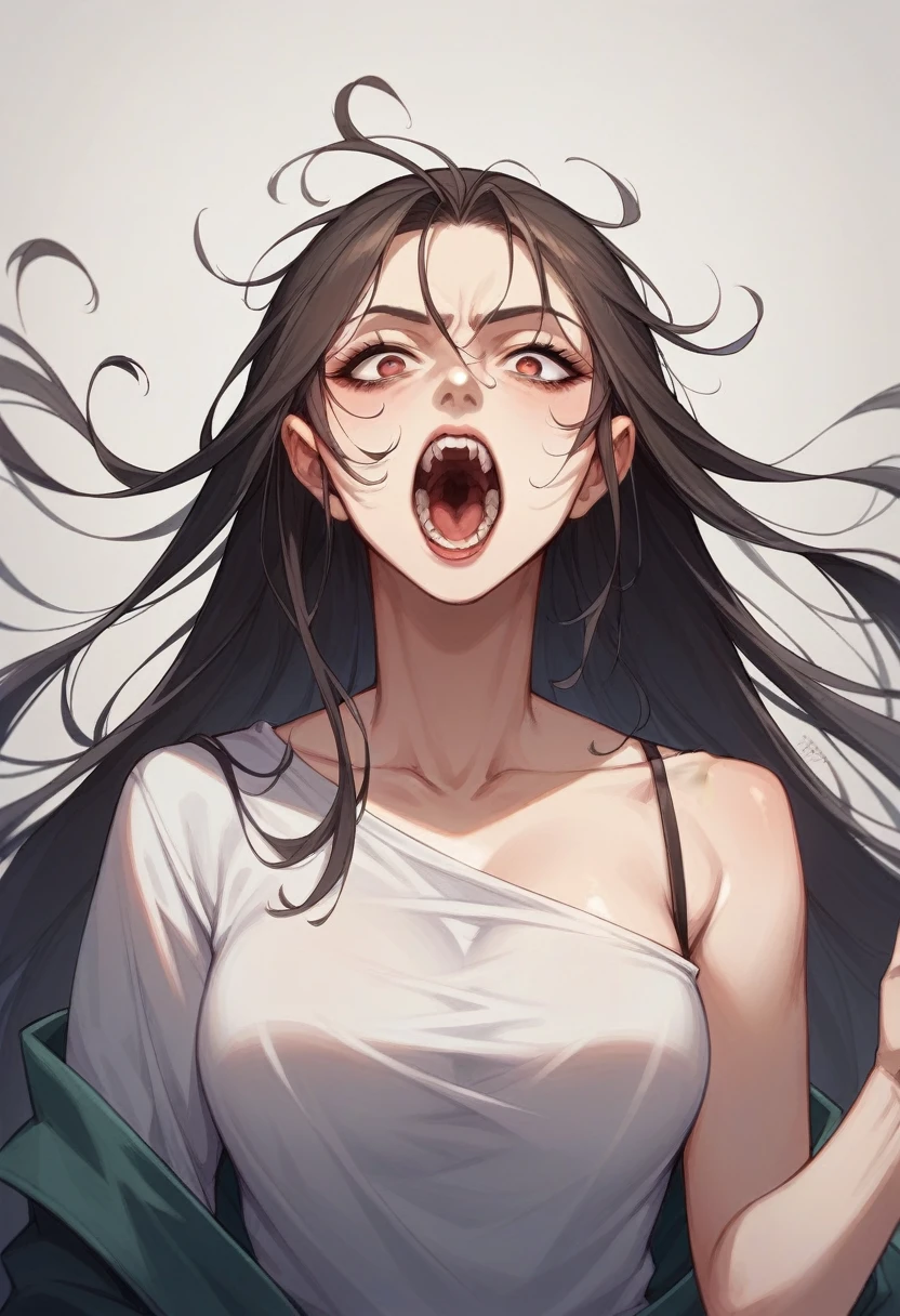 Cold Stare。Beautiful Western Woman。 Tabletop。 One shoulder is forward。 Angle view。 Screaming mouth。 sexy。 Oblique angle。Realistic。 The shading is solid。 Carly。Long Hair。Realistic。Cigarette in hand。 very beautiful