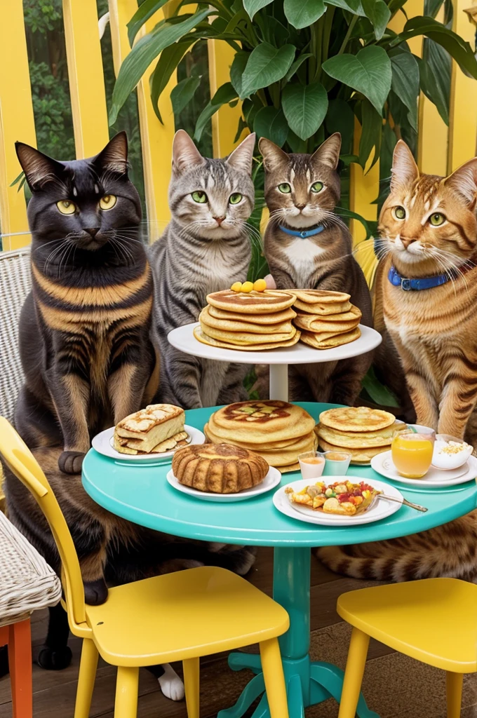 Create a high-quality painting of a brightly lit brunch scene with several cats and delicious food on a table.
Include a variety of cats of different breeds and colors, all sitting around the table or perched on chairs.
Depict a variety of brunch foods on the table, such as pancakes, waffles, eggs, fruit, and pastries.
Use a bright and cheerful color palette to capture the warmth of summer sunshine.