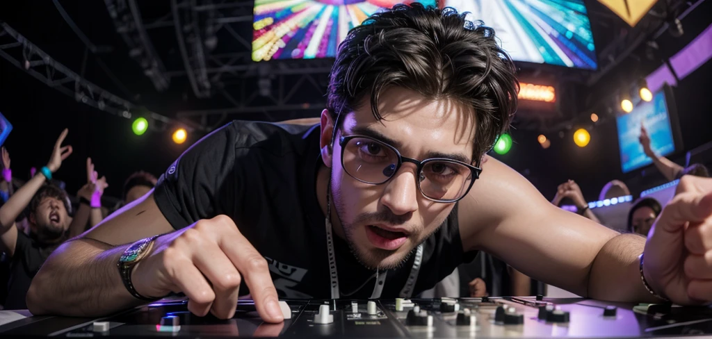 Homem, Dj de 25 anos, com fone de ouvido grande, oculos grandes, colocando som em uma festa rave, ultrarealista