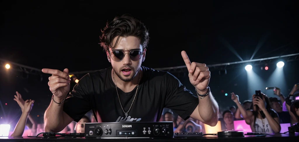 Homem, Dj de 25 anos, com fone de ouvido grande, oculos grandes, colocando som em uma festa rave, ultrarealista